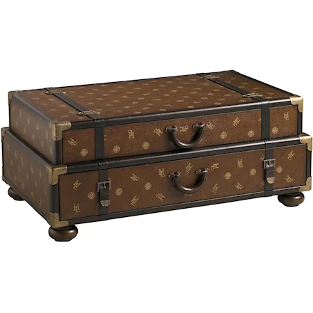 Henry Link Double-Stacked Steamer Trunk Cocktail Table with Signature Henry Link Monogram & Authentic Leather Stitching